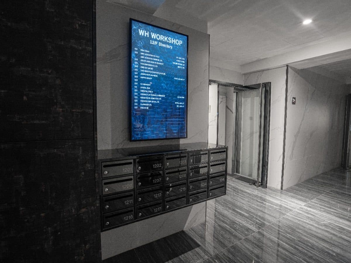 Building entrance with directory and mailboxes